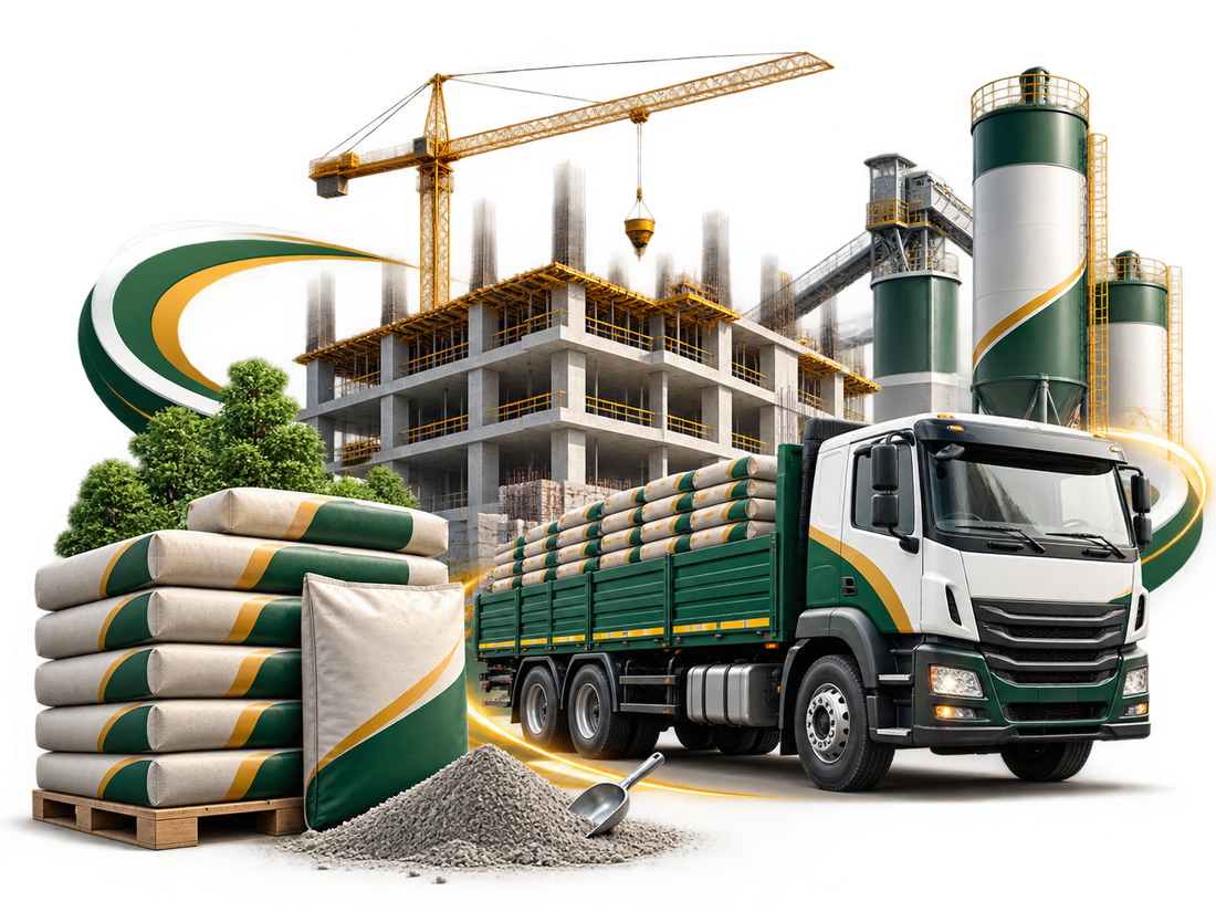 Cement bags, bulk delivery truck, cement plant and construction project